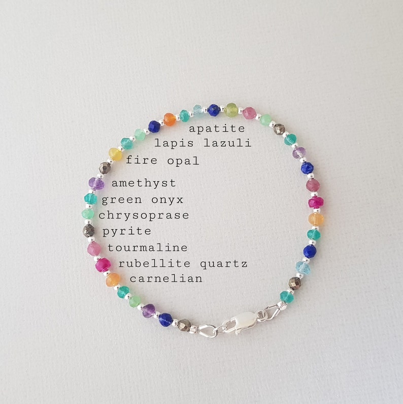Rainbow Bracelet, natural gemstone bead mix, 925 sterling silver jewelry, dainty boho bracelet for women zdjęcie 8