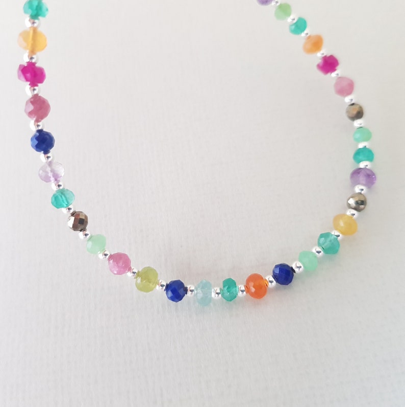 Rainbow Bracelet, natural gemstone bead mix, 925 sterling silver jewelry, dainty boho bracelet for women image 1