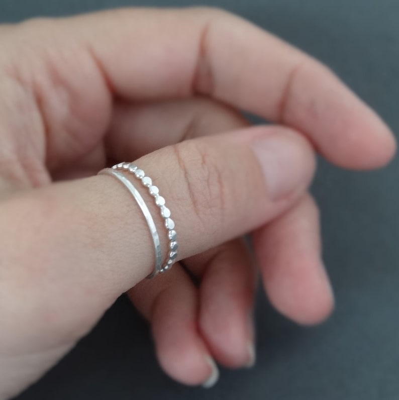 Thumb Ring set of 2 thin sterling silver rings for women boho beaded band stackable ring set Australia shops anti anxiety fidget rings image 1