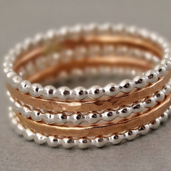 2 Rose Gold Rings and 3 Sterling Silver Bead Rings mixed metal unique Stacking Rings hammered stackable rings