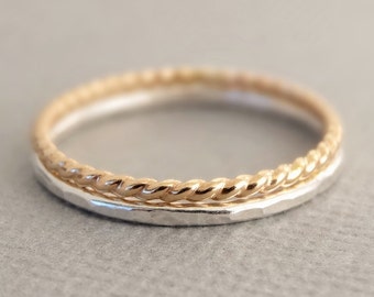 Gold Ring Silver Stacking Rings Set of 2 thin silver band mixed metal minimalist jewelry