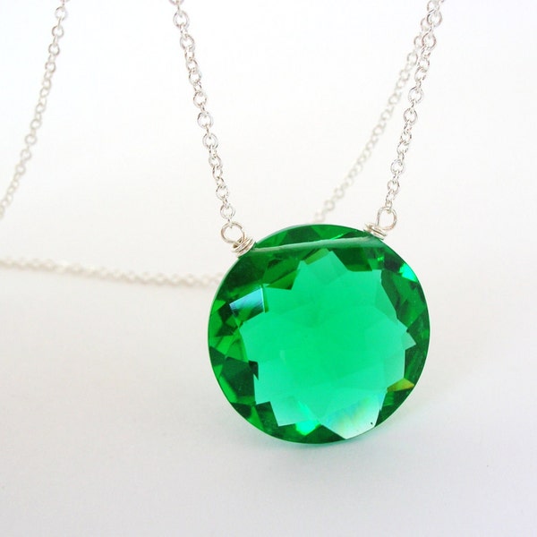 Emerald Necklace green quartz coin sterling silver jewelry - may birthstone holiday accessories