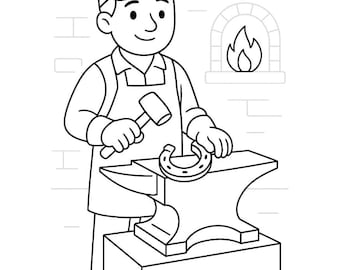Op de afbeelding: Zwart-wit illustratie van een smid. De smid, met pet en schort, bewerkt een hoefijzer op een aambeeld. Een bakstenen muur en een oven met vlam zijn op de achtergrond.