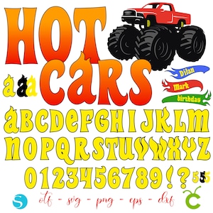 Letras de coches SVG Cricut, fuente de coches OTF, Monster Trucks SVG, logotipo personalizado, camiseta de cumpleaños diy, coches en capas, fuente de cumpleaños svg, fuente de bebé
