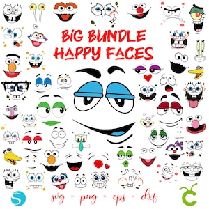 Happy Faces Svg Bundle, Monster Svg Cricut, Face Svg Png, Cartoon Face Png, Baby Shirt SVG, Baby Birthday svg, Monster face Cricut