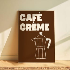 Dark brown coffee wall art French kitchen decor retro cafe poster moka pot illustration bistro style coffee print gift idea