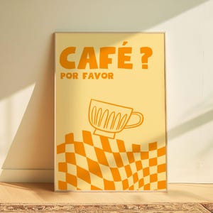 Arte de pared de café amarillo, decoración de cocina española, póster de cafetería retro, impresión divertida de taza de café, decoración de pared estilo bistró, regalo