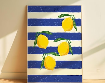 Lemon wall art blue and white striped kitchen decor fruity print vibrant lemon illustration summer decor fresh citrus art gift idea