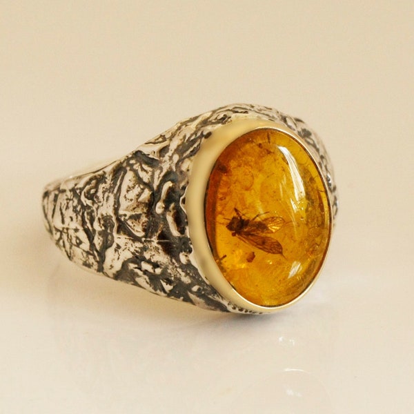 Gold amber ring with insect inclusion, Statement Israeli jewelry for men.