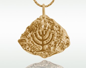 Jewish Menorah gold pendant necklace, customized engraved designer Israeli jewelry.