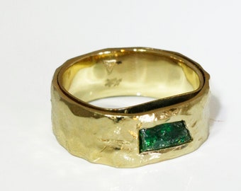 Tsavorit Ring, Minimalistischer rauer grüner Granat, ungeschliffener Edelstein gemischt Metall Band, 14K Gold Sterling Silber Einzigartiger Verlobungsring.