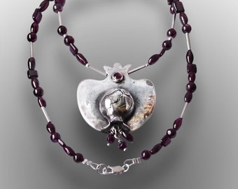 Garnet necklace with silver pomegranate pendant ,Statement boho necklace for women, Israeli jewelry made in Haifa.