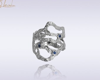 Star of David silver ring decorated with and blue sapphires, Jewish wide ring for women ,Israeli jewelry from Haifa.