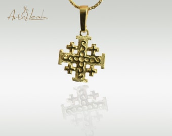 Jerusalem Cross pendant necklace |Crusader cross necklace |Solid gold Christian cross |Fife-fold cross |Israeli jewelry.