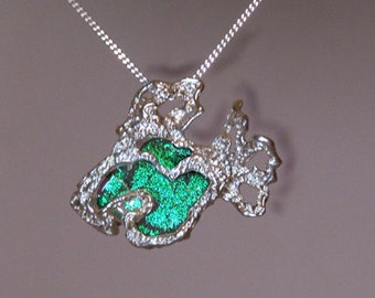 Silver Fish necklace with dichroic glass, Zodiak Pisces pendant made in Israel.