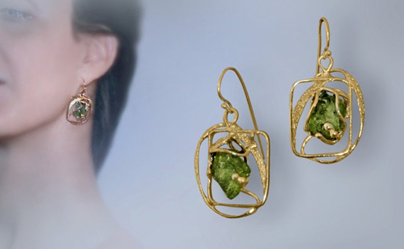 Gold filled rough stones earrings Large Statement asymmetrical design Boho earrings made in Israel.