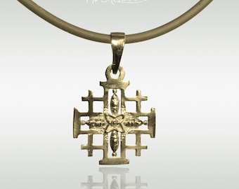 Fish Jerusalem cross pendant necklace, Solid gold Christian Crusader Fife-fold cross, made in Israel.