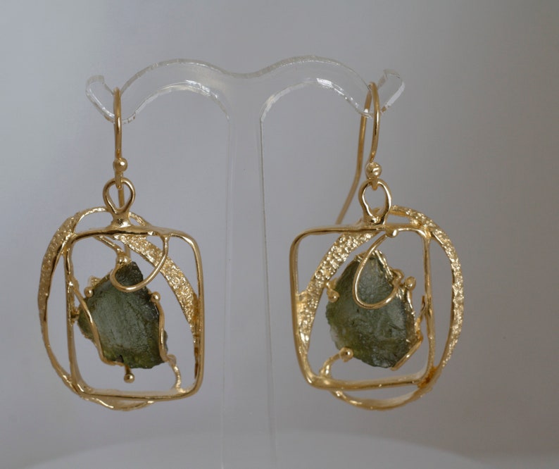 Gold filled rough stones earrings Large Statement asymmetrical design Boho earrings made in Israel.