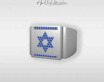 Star of David ring, decorated with  sapphires, Statement signet minimalist Israeli  jewelry, Blue and white Israeli flag ring.