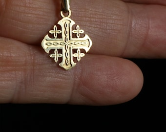 Gold Small Cross necklace ,Crusader Christian Fife-fold cross pendant, Israeli jewelry .