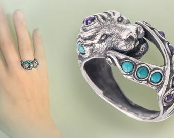 Lion multistones men or women statement ring size 6 3/4,unique and modern, Vintage Israeli jewelry.