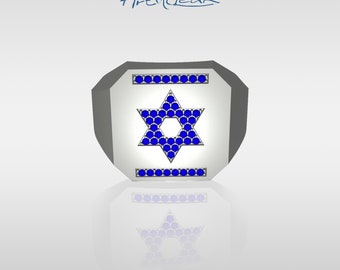 Star of David ring, decorated with  sapphires, Statement signet minimalist Israeli  jewelry, Blue and white Israeli flag ring.