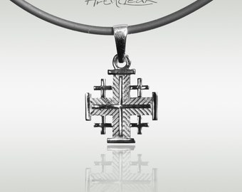 Small Jerusalem Cross pendant necklace, Silver gold Christian Crusader Fife-fold cross, Israeli jewelry.