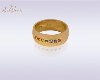 Rainbow ring |Colorful ring |Pride gold ring |Lesbian ring |Zircon ring |Minimalistic ring |Israeli jewelry.