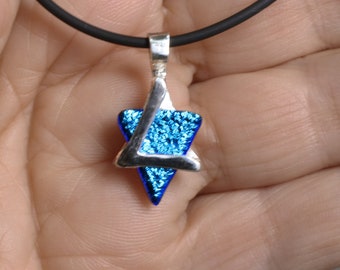 Jewish Star of David necklace, Magen David pendant, Israeli jewelry made of silver and dichroic glass .