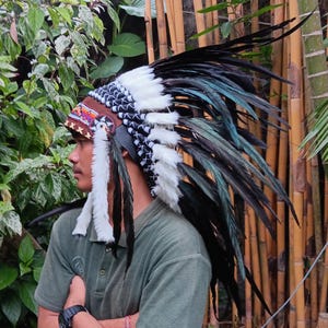 May include: A black and white feathered headdress with a beaded band. The headdress is worn by a person with a green shirt.