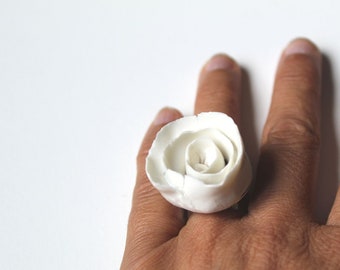 Ceramic Ring with a porcelain white rose - Ring - Limoges porcelain