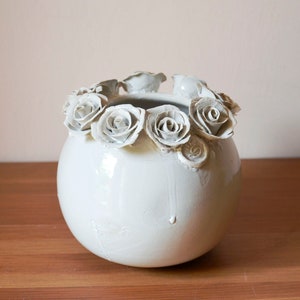 Stoneware white Vase with roses Wheel thrown Stoneware Vase image 2