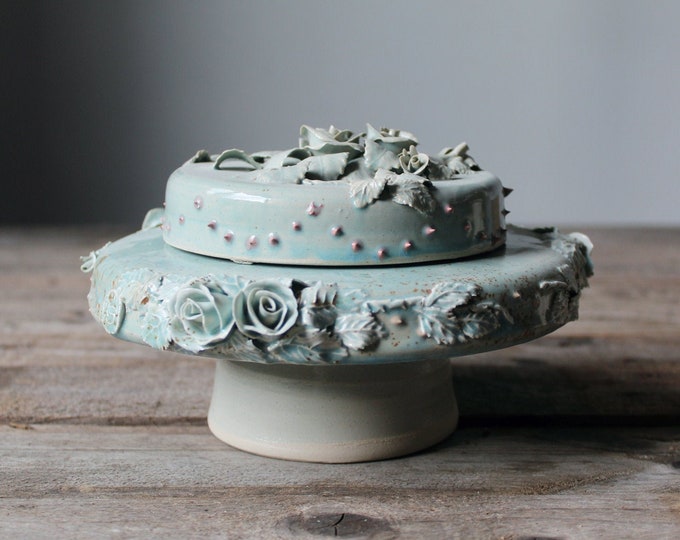 Stoneware Cake Stand With Roses in Light Granitic Blue Etsy