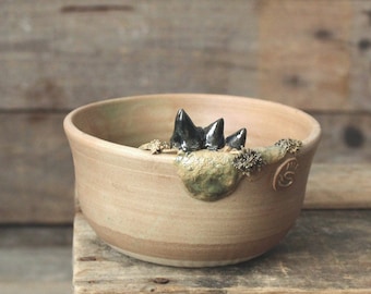 Brown Stoneware Bowl  with blue mushrooms and moss -  Handmade Ceramics  - Stoneware -