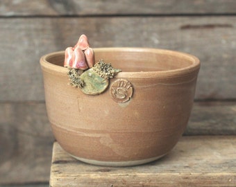 Brown Stoneware Bowl  with pink mushrooms and moss - MADE TO ORDER -  Handmade Ceramics  - Stoneware -