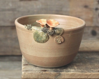 Brown Stoneware Bowl  with Cantharellus and moss -Handmade Ceramics  - Stoneware -
