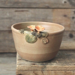 Brown Stoneware Bowl  with Cantharellus and moss -Handmade Ceramics  - Stoneware -