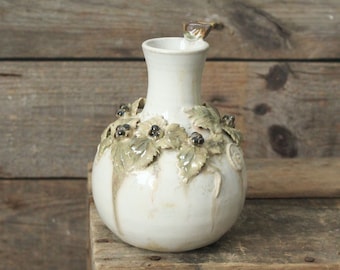 Bottle vase with brambles and little bird  - Handmade Ceramics  - Stoneware -