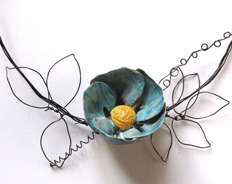 Wreath with stoneware blue anemone-  and iron wire - stoneware
