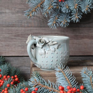 Alice pink dot blue glaze low MADE TO ORDER Stoneware Tea Cup with roses with pink dots Handmade Ceramics mug image 6