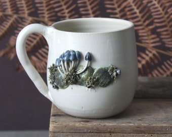 Stoneware Tea Cup  with Blue mushrooms - MADE TO ORDER -  Sand matt glaze