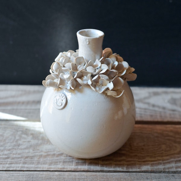 White stoneware bottle vase with hydrangea flowers  - MADE TO ORDER -  Handmade Ceramics  - Stoneware -