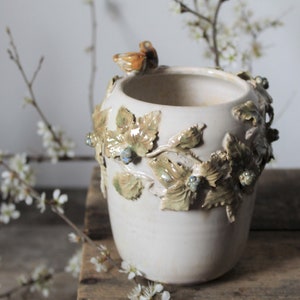 Stoneware Vase - MADE TO ORDER -   in cream with a little bird, brambles and blackberries - Handmade  Stoneware Ceramics  - cream