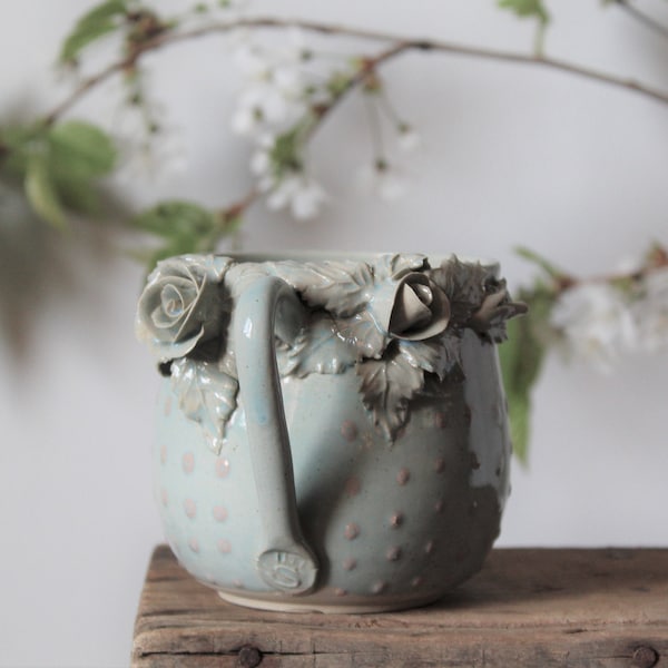 Alice pink dot blue glaze low -  MADE TO ORDER -  Stoneware Tea Cup  with roses with pink dots - Handmade Ceramics - mug