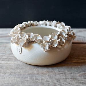 Peut inclure: Un bol en céramique blanche avec un bord décoratif floral. Le bol est fait d'argile blanche et a une finition lisse et émaillée. Les fleurs sont faites de la même argile et sont disposées en cercle autour du bord du bol.
