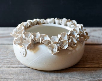 Little stoneware bowl/vase in white with hydrangea flowers- MADE TO ORDER -  -Handmade Ceramics  - Stoneware -