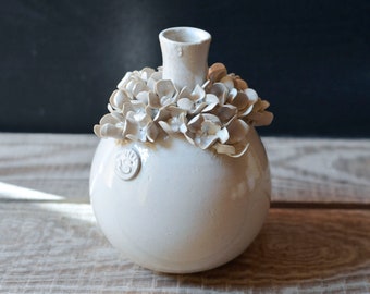 White stoneware bottle vase with hydrangea flowers  - MADE TO ORDER -  Handmade Ceramics  - Stoneware -