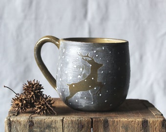 Black Stoneware Tea Cup  "The leaping deer" - MADE TO ORDER