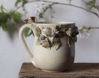 Stoneware Tea Cup in cream with a little bird, brambles and blackberries  -  Handmade  Stoneware Ceramics  - cream - mug