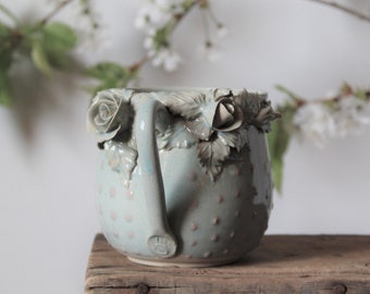 Alice pink dot blue glaze low -  MADE TO ORDER -  Stoneware Tea Cup  with roses with pink dots - Handmade Ceramics - mug